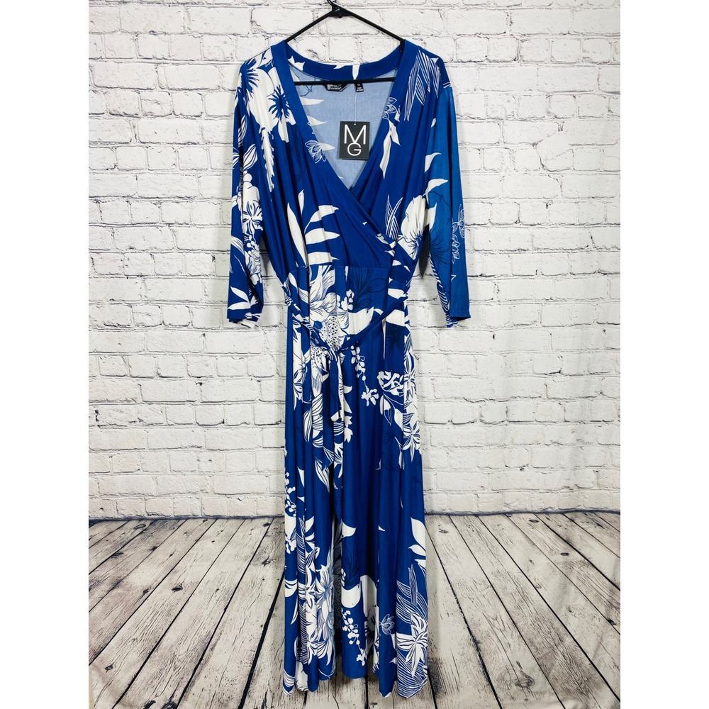 Mlle Gabrielle Dress Womens Wrap Maxi Blue White Floral 3X NEW Tropical V-Neck